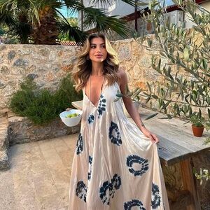 Zara Cream Maxi Dress with Navy Tie-Dye Accents